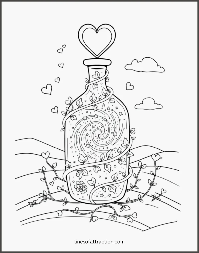 A Love Heart With Bottle Coloring Page