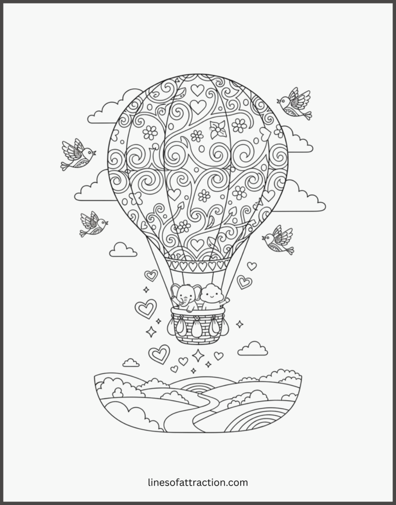 Valentines Hot Air Balloon Coloring Page